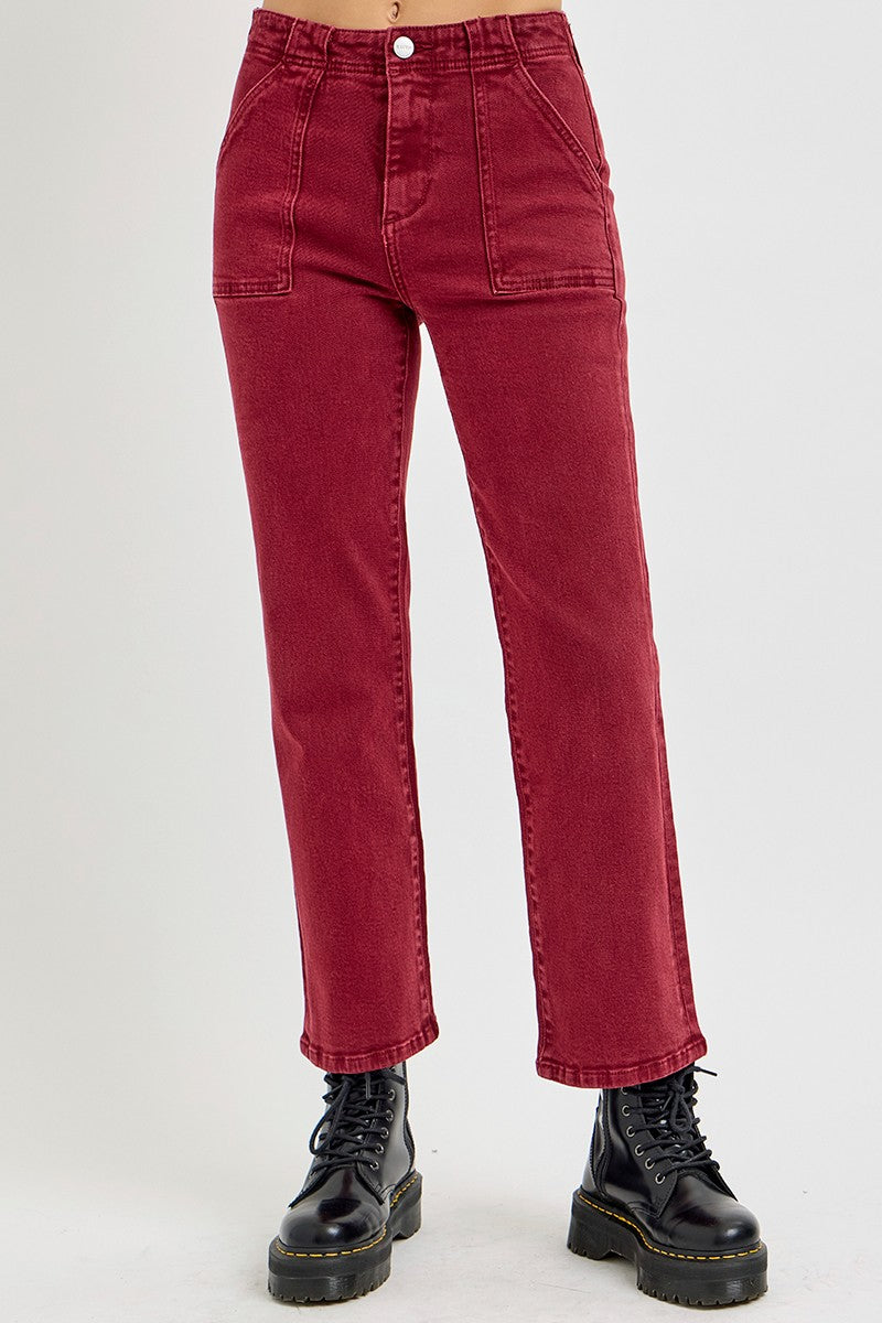 High Rise Ankle Flare Patch Pocket Jeans in Wine