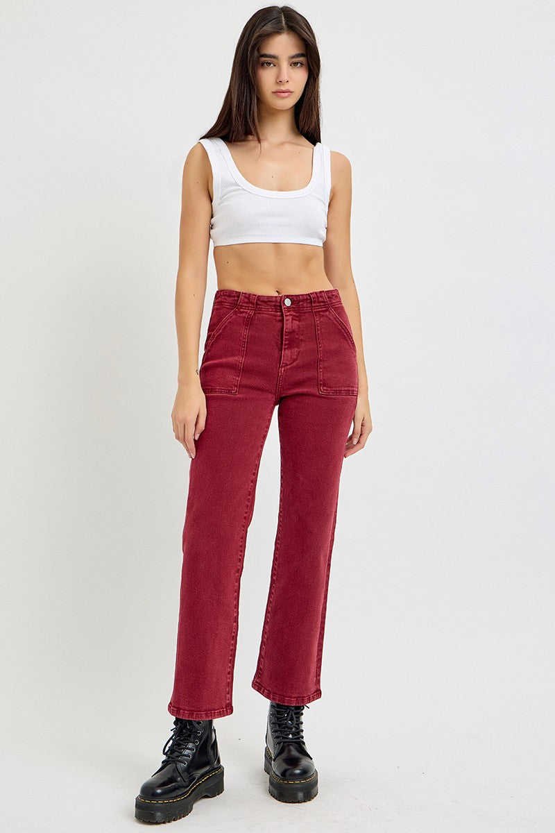 High Rise Ankle Flare Patch Pocket Jeans in Wine