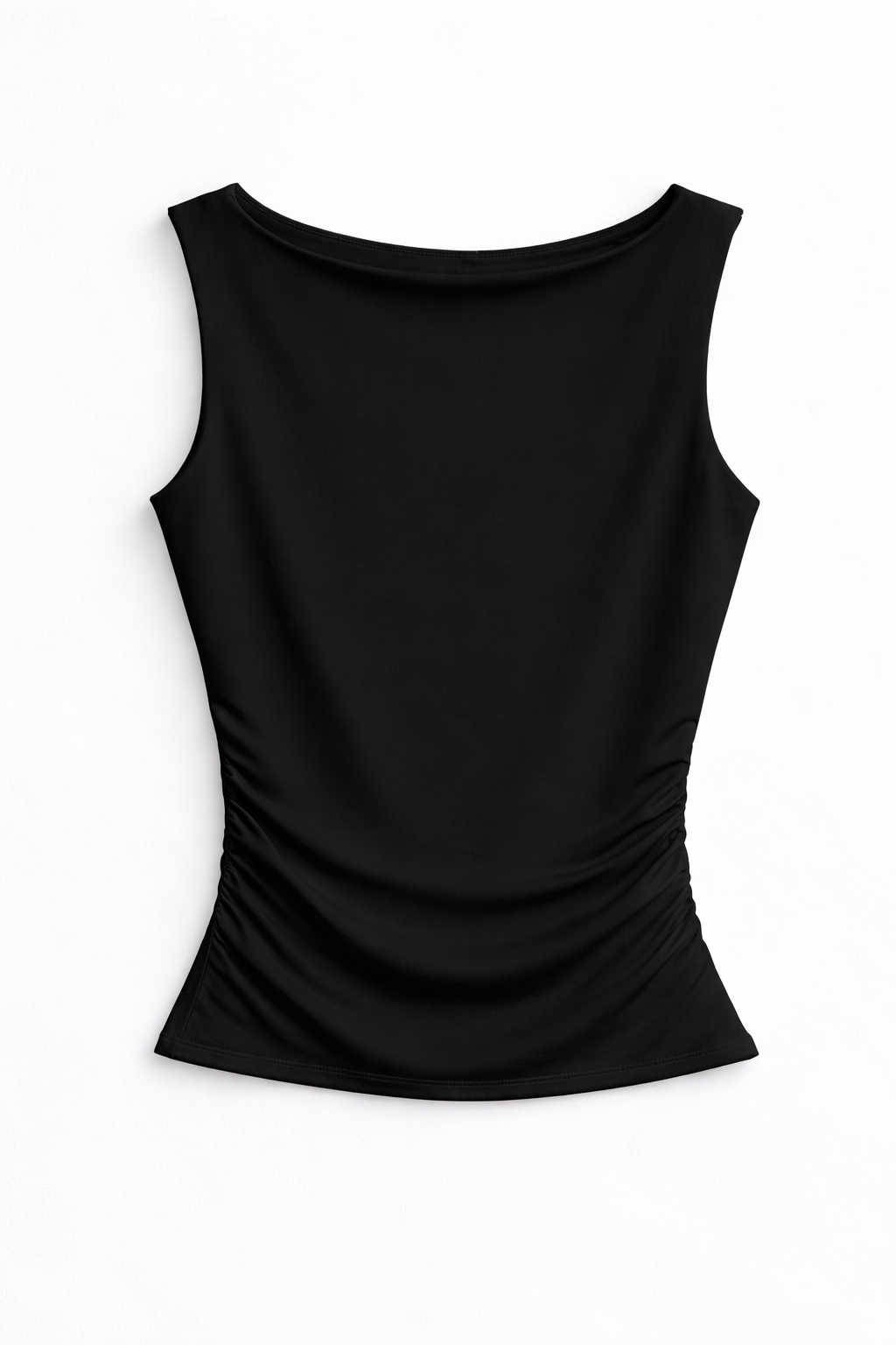 Black Blu Pepper soft buttery ruched tank top lay flat with sleeveless boat neck and flattering side ruching.