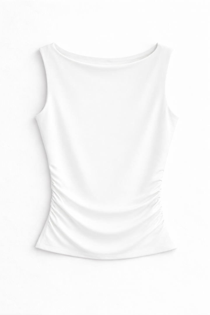 White Blu Pepper soft buttery ruched tank laid flat featuring boat neckline and subtle side ruching