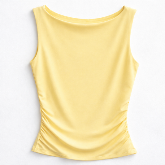 Yellow Blu Pepper soft buttery ruched tank top laid flat showing sleeveless boat neckline and side ruching detail.